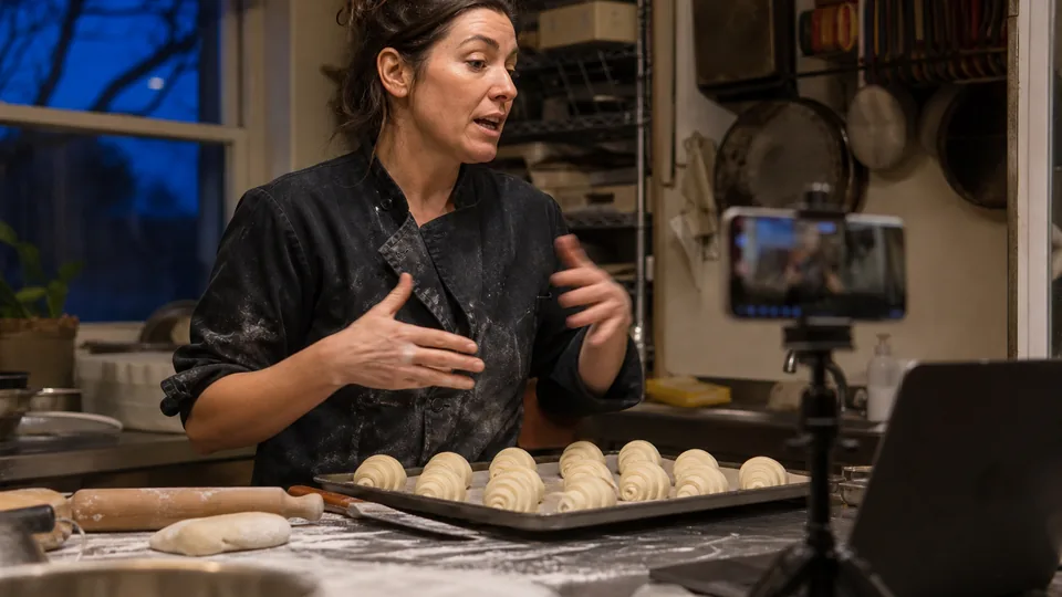 Pastry chef teaching a paid live online baking class from her bakery kitchen