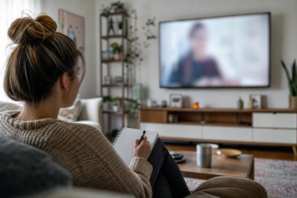 Viewer on a sofa following a live masterclass on the living room TV and taking notes